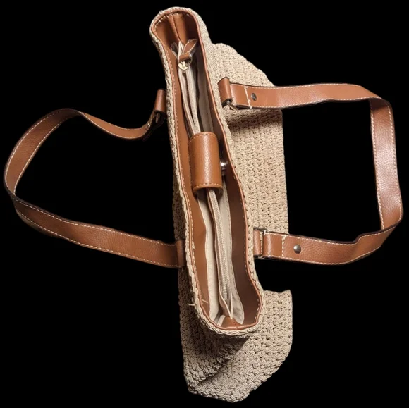 Woven Textured Tan & Brown Purse Handbag with Pockets - Picture 5 of 15